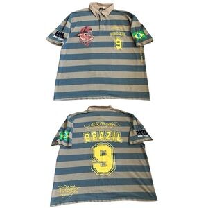 Vintage Ed Hardy Men’s Striped Polo Short Sz 3XL Brazil Rugby Embroidered Rare